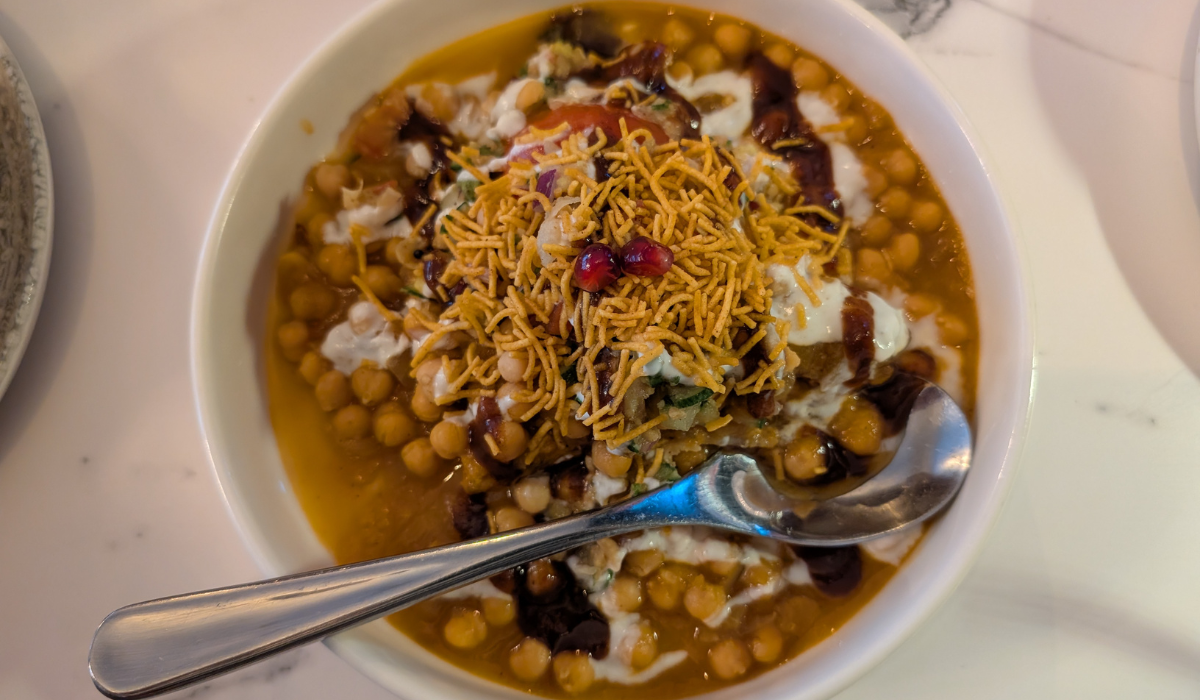Samosa chaat in a plate from Kerala Kitchen Malton